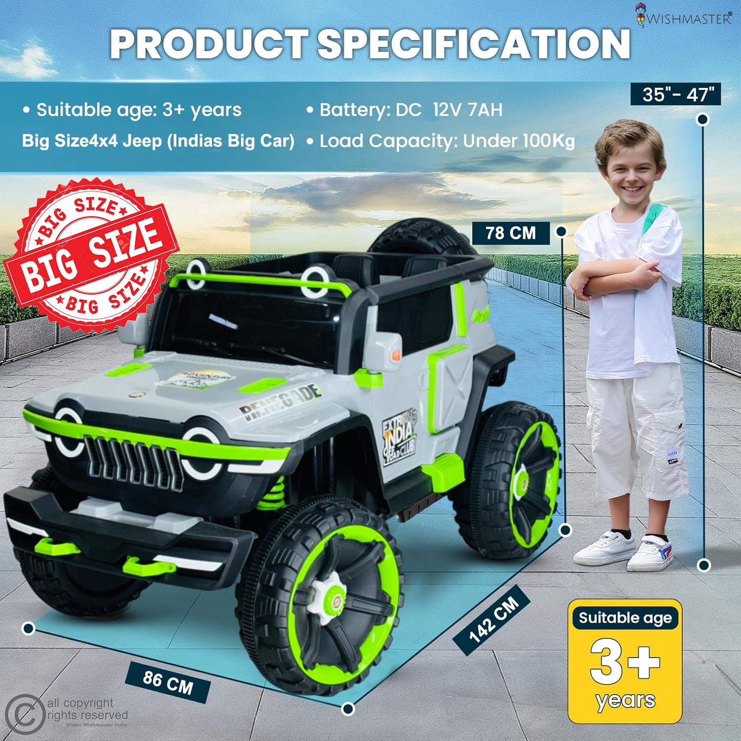 Children's toy jeep with specifications and a child standing next to it on a tiled floor.